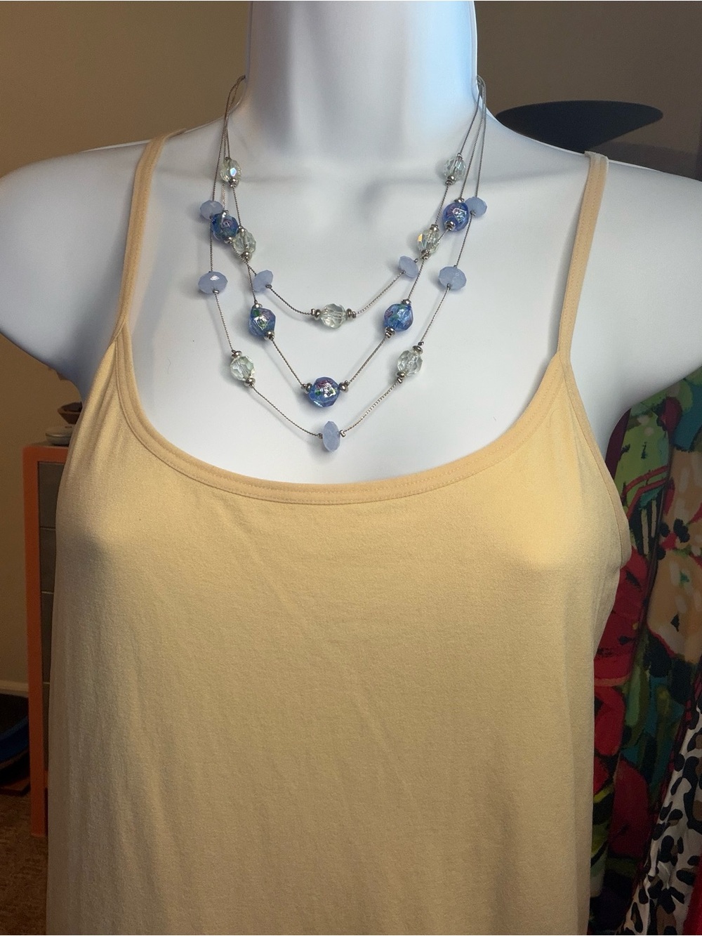 Artisan 3 Strand Floating Bead Necklace Blue Murano Style Foil Glass Crystal EUC